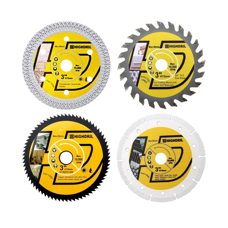 HIGHDRIL 3" 75mm Circular Saw Blade Set 4pcs - Diamond/HSS/TCT Cutting Disc for Angle Grinder Cutting Metal Copper Aluminum Tile Marble Granite Plastic Wood - Image 1